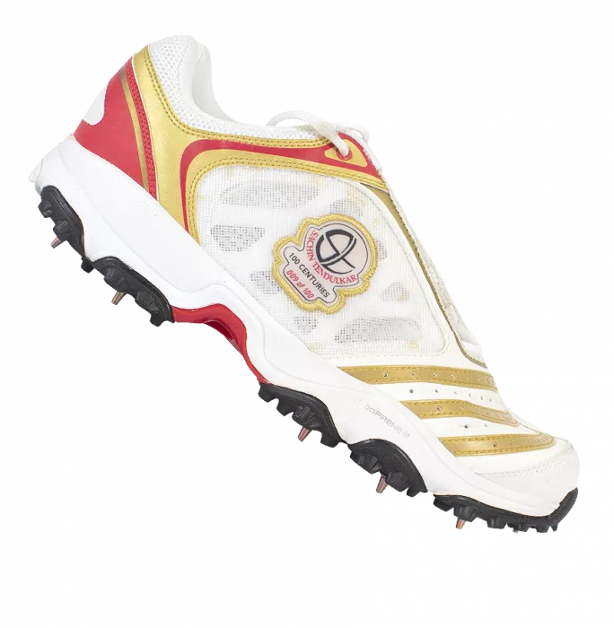 WAREHOUSE SECONDS Sachin Tendulkar Signed White Red And Gold Adidas Cricket Spikes: "100 Centuries" Limited Edition