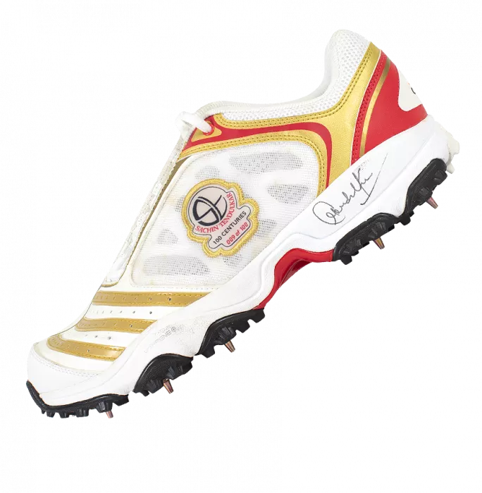 WAREHOUSE SECONDS Sachin Tendulkar Signed White Red and Gold Adidas Cricket Spikes: "100 Centuries" Limited Edition