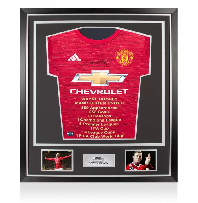 Wayne Rooney Front Signed Manchester United 2020-21 Home Shirt: Career Stats Edition In Classic Frame