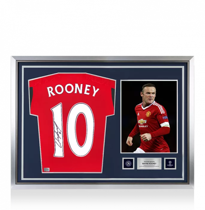 Wayne Rooney Official UEFA Champions League Back Signed and Hero Framed Manchester United 2023-24 Home Shirt with Fan Style Numbers