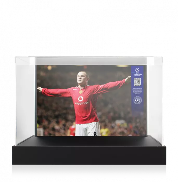 Wayne Rooney Official UEFA Champions League Signed White Nike Football Boot In Photo Acrylic Case: Option 1