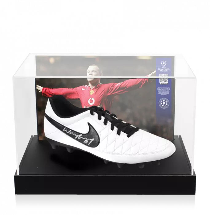 Wayne Rooney Official UEFA Champions League Signed White Nike Football Boot In Photo Acrylic Case: Option 1