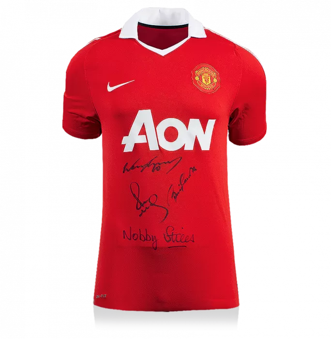 Wayne Rooney Paul Scholes Sir Bobby Charlton & Nobby Stiles Signed Manchester United Shirt
