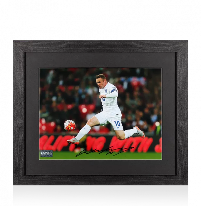 Wayne Rooney Signed England Photo In Black Wooden Frame: Three Lions Legend
