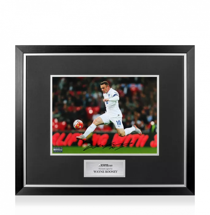 Wayne Rooney Signed England Photo In Premium Photo Frame: Three Lions Legend