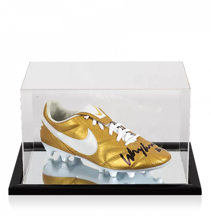 Wayne Rooney Signed Gold Nike Tiempo Boot In Acrylic Case
