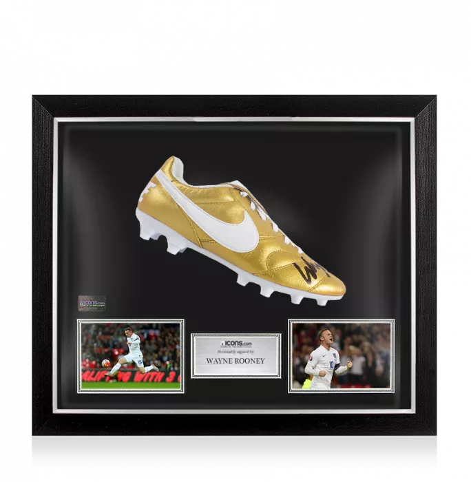 Wayne Rooney Signed Gold Nike Tiempo Boot In Bubble Frame: England
