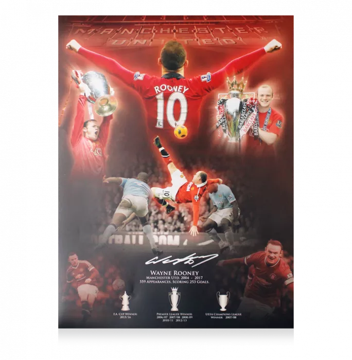 Wayne Rooney Signed Manchester United Montage Stats Print In Black Wooden Frame