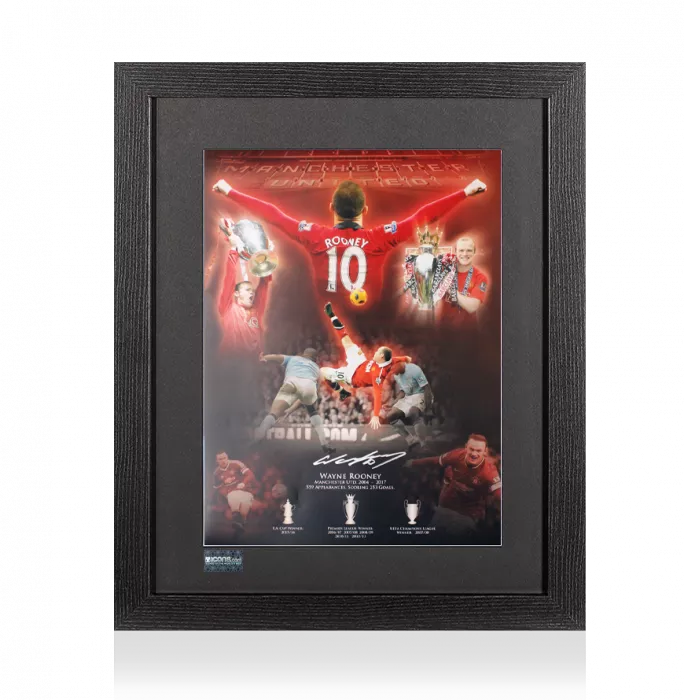Wayne Rooney Signed Manchester United Montage Stats Print In Black Wooden Frame
