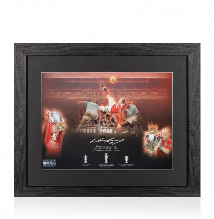Wayne Rooney Signed Manchester United Montage Stats Print In Black Wooden Frame