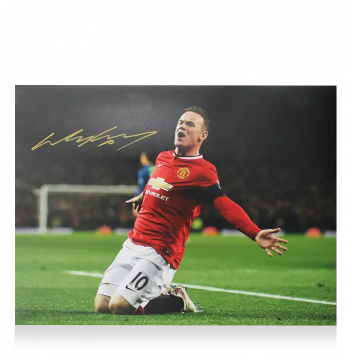 Wayne Rooney Signed Manchester United Photo In Black Wooden Frame: Knee Slide Celebration