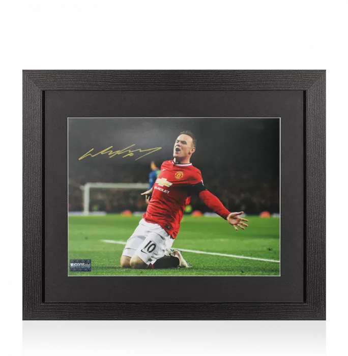 Wayne Rooney Signed Manchester United Photo In Black Wooden Frame: Knee Slide Celebration