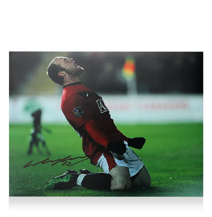 Wayne Rooney Signed Manchester United Photo In Black Wooden Frame: Knee Slide Celebration
