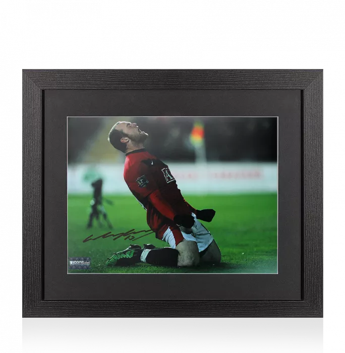 Wayne Rooney Signed Manchester United Photo In Black Wooden Frame: Knee Slide Celebration