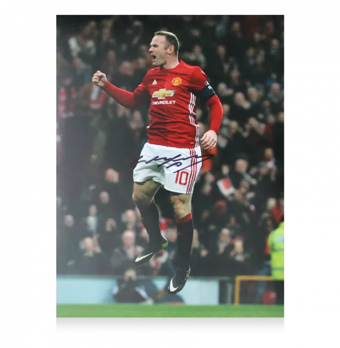 Wayne Rooney Signed Manchester United Photo In Black Wooden Frame: Jumping Celebration