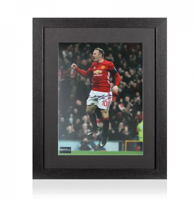 Wayne Rooney Signed Manchester United Photo In Black Wooden Frame: Jumping Celebration