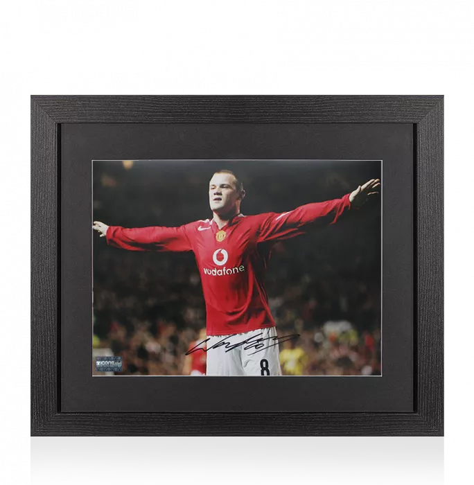Wayne Rooney Signed Manchester United Photo In Black Wooden Frame: Arms Out Celebration