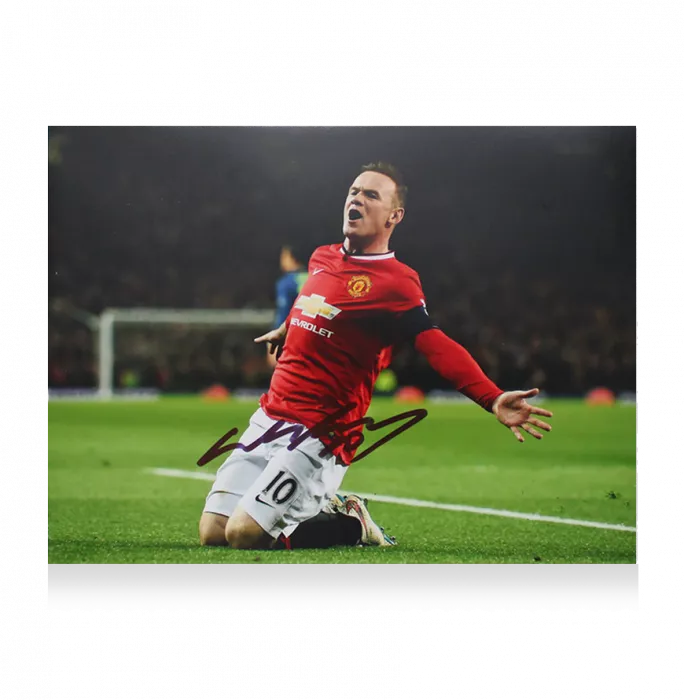 Wayne Rooney Signed Manchester United Photo In Black Wooden Frame: Knee Slide Celebration