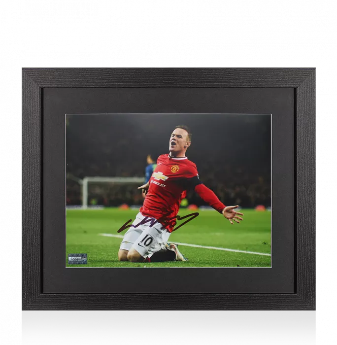 Wayne Rooney Signed Manchester United Photo In Black Wooden Frame: Knee Slide Celebration