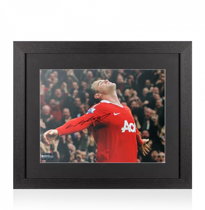 Wayne Rooney Signed Manchester United Photo In Black Wooden Frame: Overhead Kick Goal Celebration
