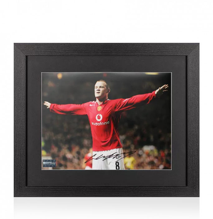 Wayne Rooney Signed Manchester United Photo In Black Wooden Frame: Arms Out Celebration