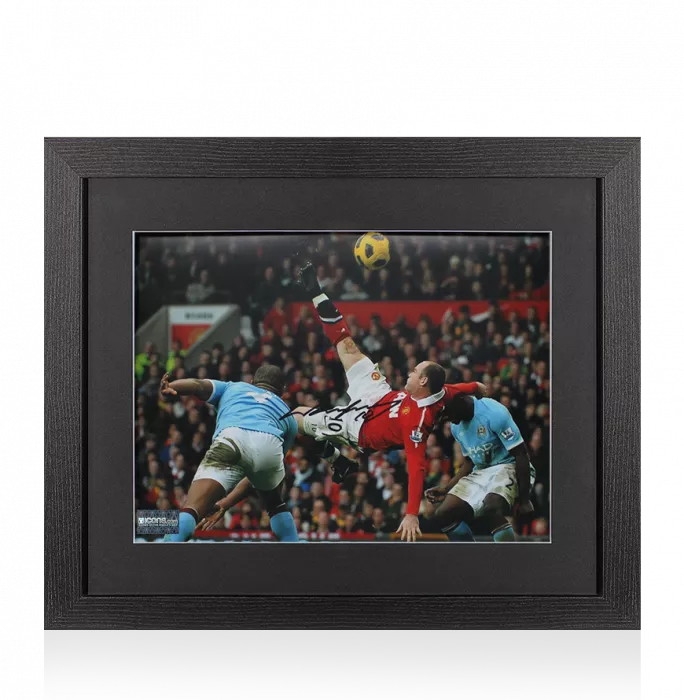 Wayne Rooney Signed Manchester United Photo In Black Wooden Frame: Overhead Kick