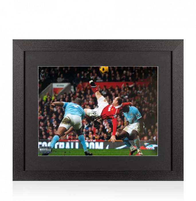 Wayne Rooney Signed Manchester United Photo In Black Wooden Frame: Iconic Overhead Kick Goal