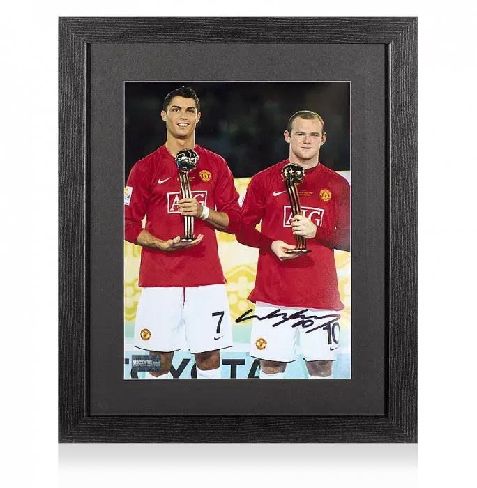 Wayne Rooney Signed Manchester United Photo In Black Wooden Frame: 2008 FIFA Club World Cup Golden Ball Winner