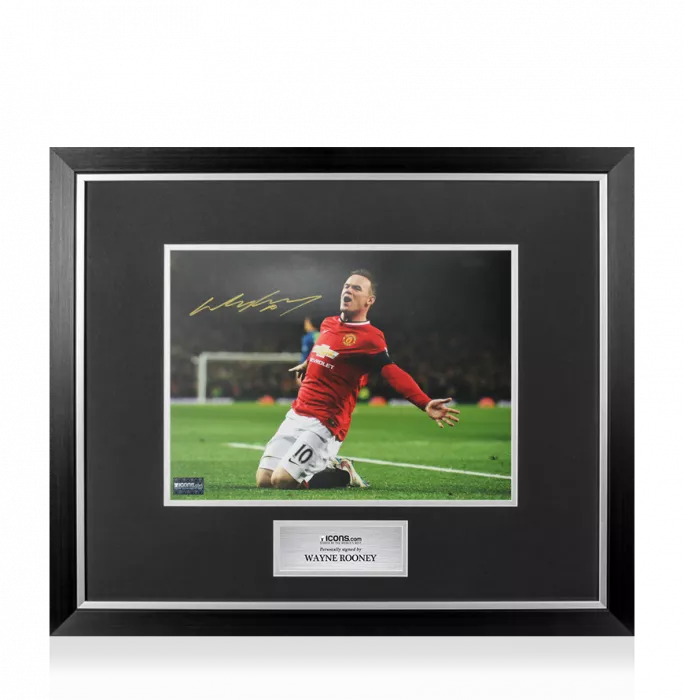 Wayne Rooney Signed Manchester United Photo In Premium Photo Frame: Knee Slide Celebration
