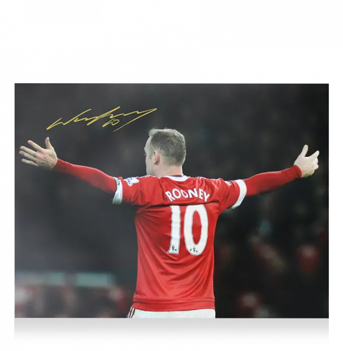 Wayne Rooney Signed Photo In Black Wooden Frame: Arms Out Back Celebration - Signed In Gold