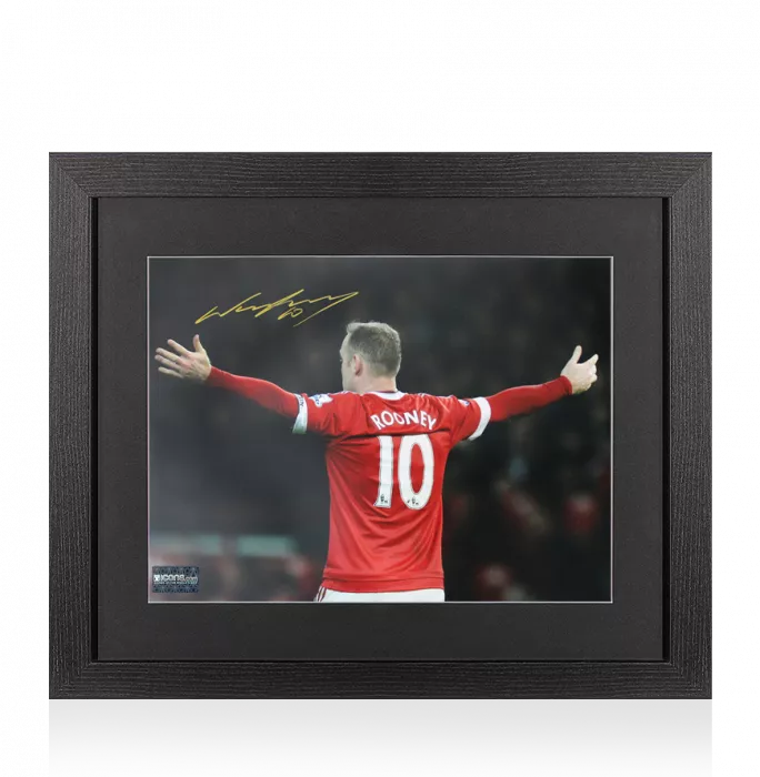 Wayne Rooney Signed Photo In Black Wooden Frame: Arms Out Back Celebration - Signed In Gold