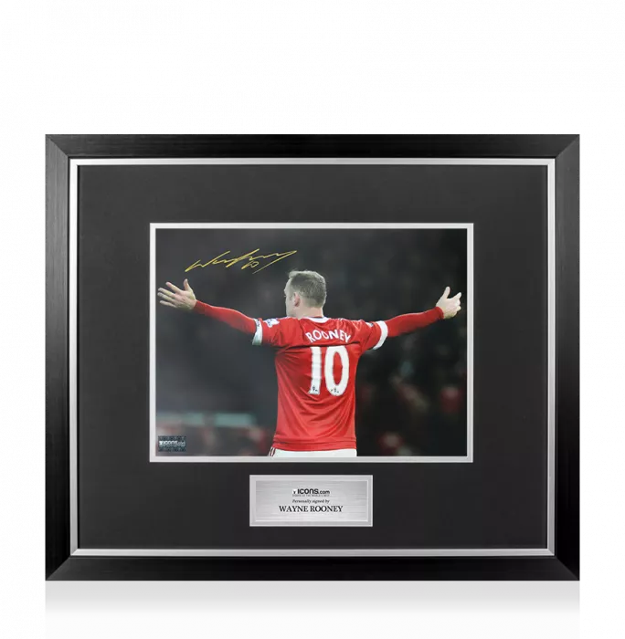 Wayne Rooney Signed Photo In Premium Photo Frame Arms Out Back Celebration - Signed In Gold