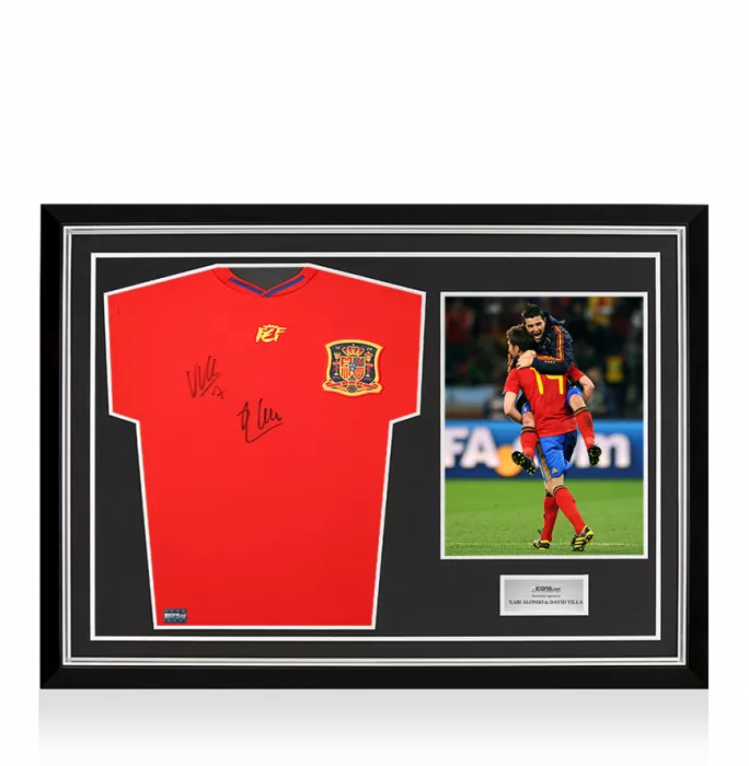 Xabi Alonso and David Villa Dual Signed Spain 2010 Home Shirt In Hero Frame: Option 1