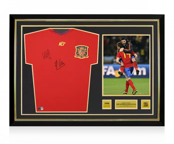 Xabi Alonso and David Villa Official 2010 FIFA World Cup™ Signed and Hero Framed Spain 2010 Home Shirt