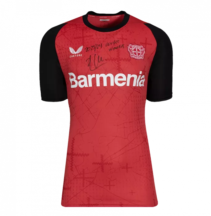 Xabi Alonso Front Signed Bayer Leverkusen 2024-25 Home Shirt - "2023-24 Double Winners" Inscription In Classic Frame