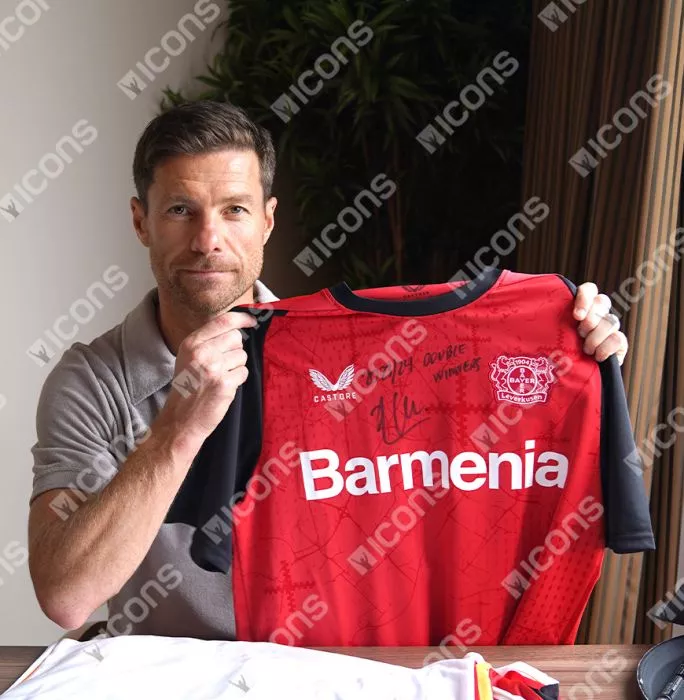 Xabi Alonso Front Signed Bayer Leverkusen 2024-25 Home Shirt - "2023-24 Double Winners" Inscription In Classic Frame