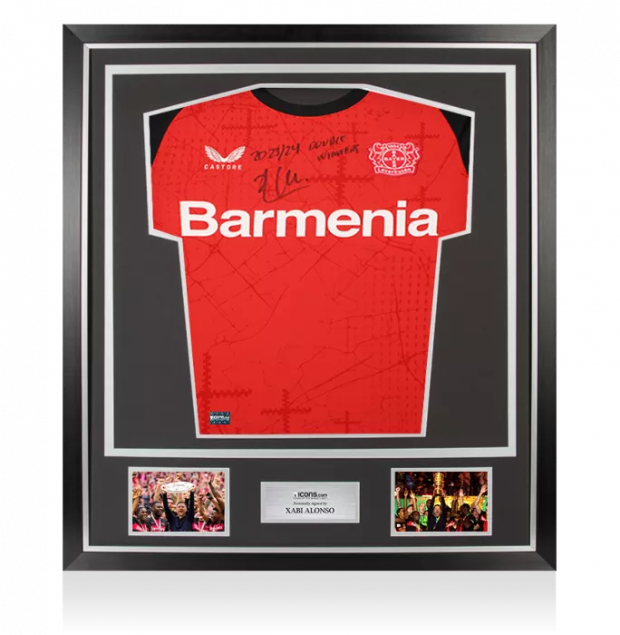 Xabi Alonso Front Signed Bayer Leverkusen 2024-25 Home Shirt - "2023-24 Double Winners" Inscription In Classic Frame