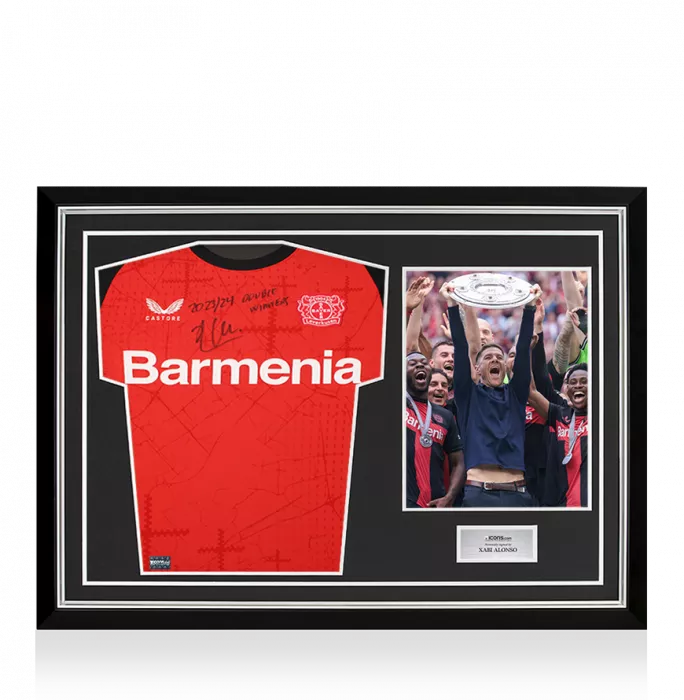 Xabi Alonso Front Signed Bayer Leverkusen 2024-25 Home Shirt - "2023-24 Double Winners" Inscription In Hero Frame: Option 1