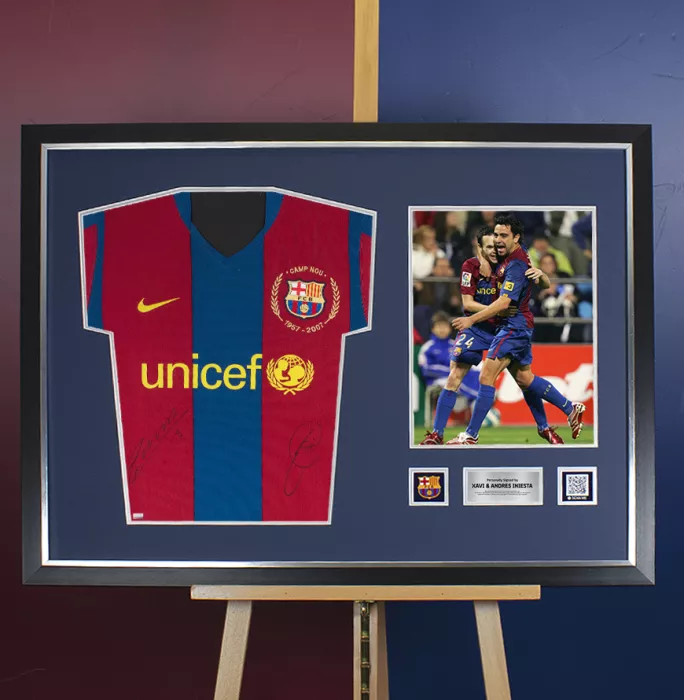 Xavi & Andres Iniesta Official FC Barcelona Front Signed And Framed 2007-08 Home Shirt
