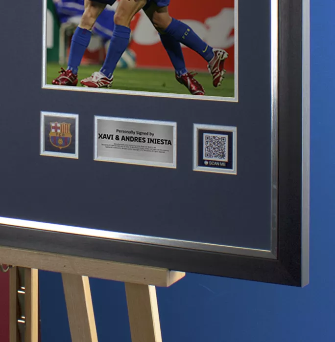 Xavi & Andres Iniesta Official FC Barcelona Front Signed And Framed 2007-08 Home Shirt