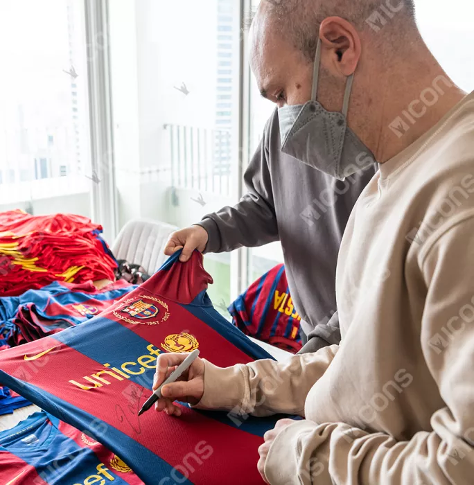 Xavi & Andres Iniesta Official FC Barcelona Front Signed And Framed 2007-08 Home Shirt