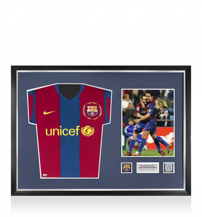 Xavi & Andres Iniesta Official FC Barcelona Front Signed and Framed 2007-08 Home Shirt