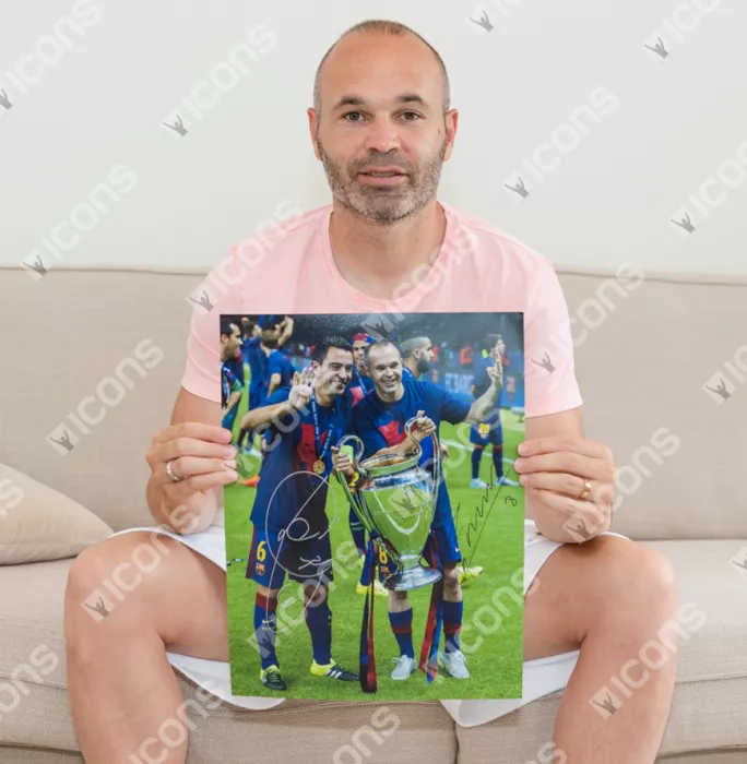 Xavi & Andres Iniesta Official FC Barcelona Signed And Framed Photo: Four-Time UCL Winners