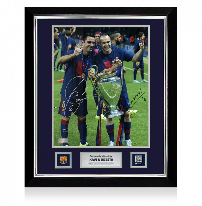 Xavi & Andres Iniesta Official FC Barcelona Signed and Framed Photo: Four-Time UCL Winners