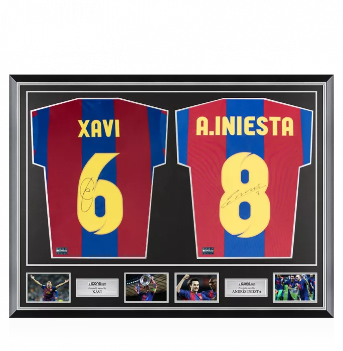 Xavi & Andres Iniesta Signed FC Barcelona Retro Shirts In Classic Dual Frame