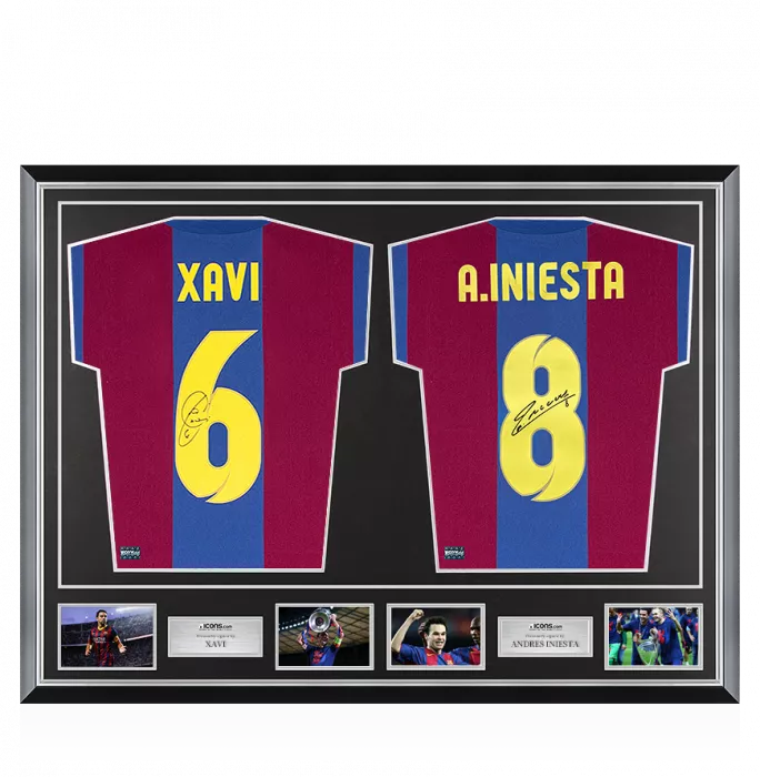 Xavi & Andres Iniesta Signed FC Barcelona Shirts In Classic Dual Frame