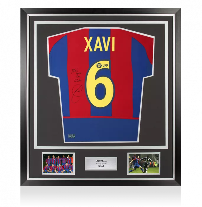 Xavi Back Signed FC Barcelona 2002-03 Home Shirt - "Mes Que Un Club" Inscription In Classic Frame