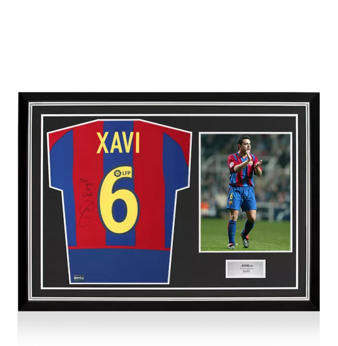 Xavi Back Signed FC Barcelona 2002-03 Home Shirt - "Mes Que Un Club" Inscription In Hero Frame: Option 1