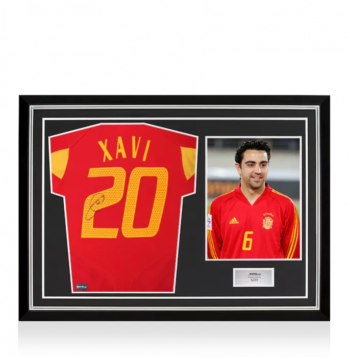 Xavi Back Signed Spain 2004-06 Home Shirt In Hero Frame: Option 1