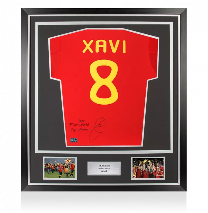 Xavi Back Signed Spain 2010 Home Shirt - "2010 FIFA World Cup Winner" Inscription In Classic Frame